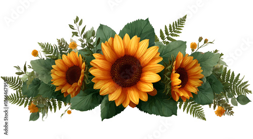 Vibrant illustration of sunflowers, leaves, and fern-like foliage arranged across