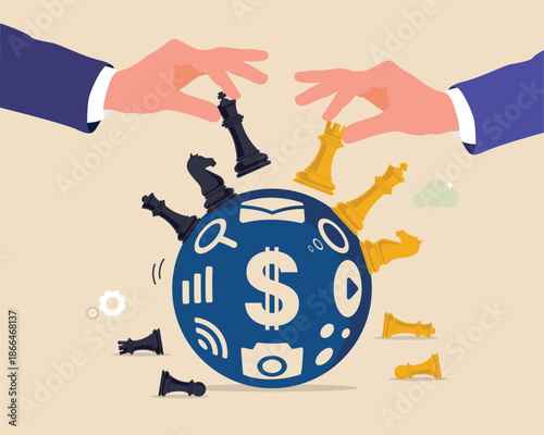 Geopolitics trade strategy, business strategy brain game, global economy control, economic sanctions and trade war, business hands playing chess on globe clipart, vector illustration