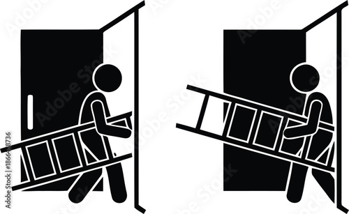Person carrying ladder through doorway