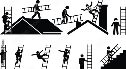 People working on ladders for roof maintenance and repair