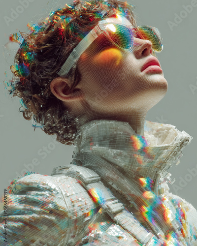 An avant-garde portrait of a woman with a digital wireframe overlay, wearing prismatic iridescent sunglasses and a reflective white jacket. Represents the intersection of fashion and technology