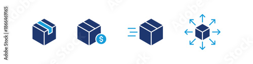 Logistics and delivery box icons showing shipping, pricing, fast shipping, package pricing, and global distribution, speed and distribution. modern package symbols for supply chain UI design.
