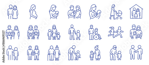 Family and parenting line icon set. Vector pictograms of couples, single parents, children, elderly, baby, newborn, teenager thin linear illustration.