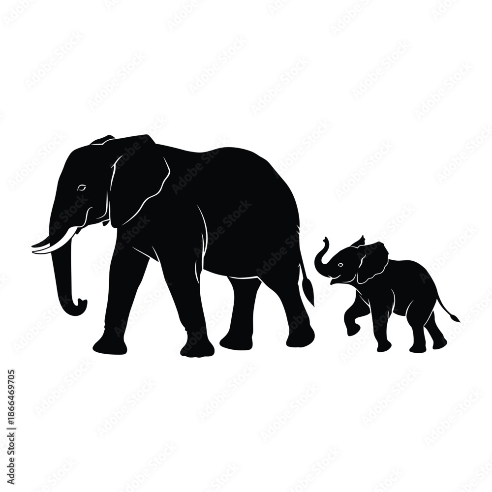 Obraz premium A mother elephant and her calf walking together in silhouette