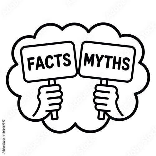 Hands hold signs debating facts versus myths within a stylized thought bubble outline.