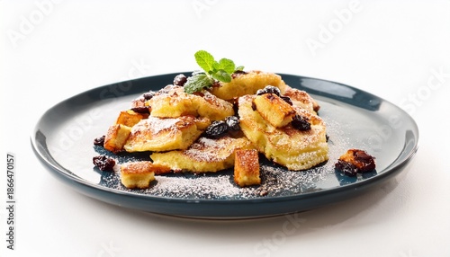kaiserschmarrn fluffy shredded pancake with raisins and sugar served on white background