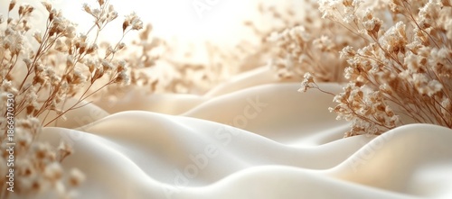 Delicate dried flowers arranged on a soft, rippling beige silk fabric background