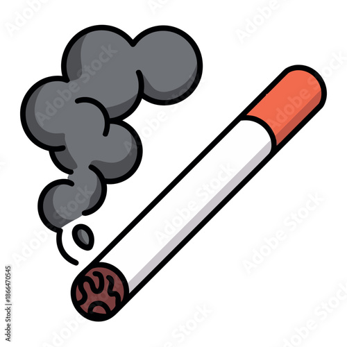 Burning cigarette releases thick plumes of dark gray smoke indicating unhealthy habit or vice.