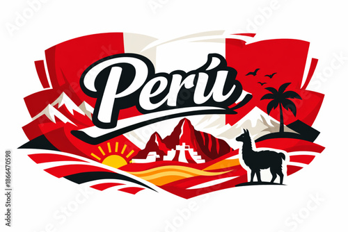 Stylized vector graphic of Peruvian flag with modern flat shapes and text Peru