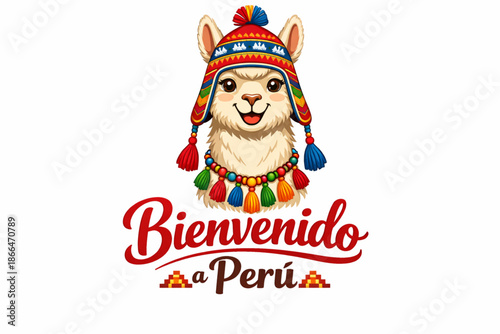 Vector illustration of llama with Andean chullo and tassel necklace on white background with text Welcome to Peru