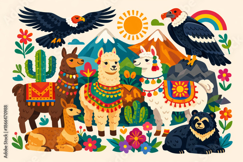 Vector illustration of Peruvian animals with vibrant decorative style