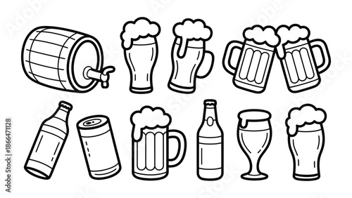 A collection of beer icons in various forms including glasses, mugs, bottles, and a barrel