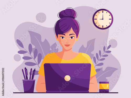 Illustration of a woman working on her laptop with a clock and plants around her in purple and yellow tones