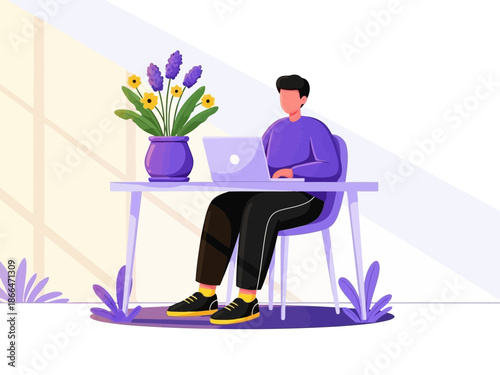 Illustration of a man sitting at a desk working on his laptop with a vase of flowers next to him in a modern workspace