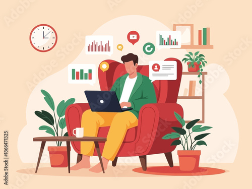 Man sitting in red armchair working on laptop with graphs and charts around him in living room