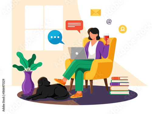 Woman sitting in yellow armchair working on laptop with dog beside her and books nearby at home