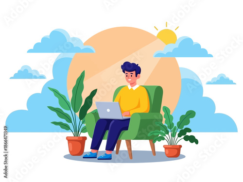 Man sitting on a green chair with laptop on a sunny day with plants around him in a peaceful outdoor setting with clouds