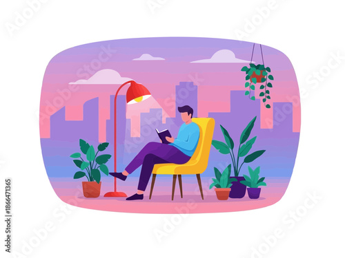 Man sitting on yellow chair working on laptop with plants around him in cityscape background at sunset