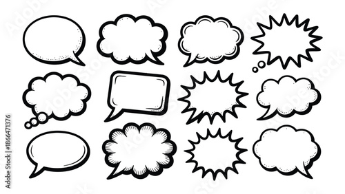 A large collection of hand-drawn comic speech bubbles and thought bubbles for communication design