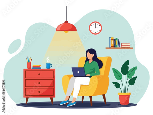 Woman sitting in a yellow armchair at home with a laptop on her lap and a lamp hanging above her head