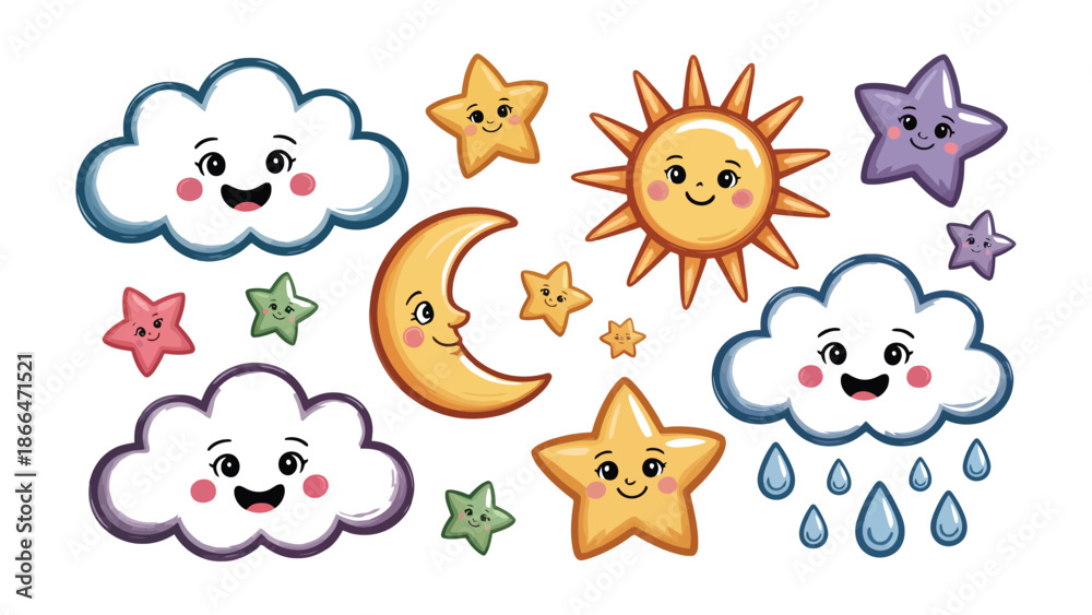 Fototapeta premium A charming collection of cute cartoon sun, moon, stars, and clouds for children's projects