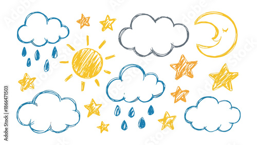 A set of cute hand-drawn weather and celestial elements including sun, moon, clouds, and stars