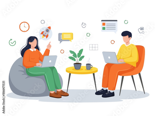 Two colleagues sitting on bean bags in a modern office space working on laptops and collaborating with each other