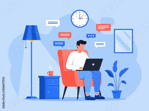 Man sitting in a chair at home working on his laptop with a thoughtful expression surrounded by chat bubbles and a clock on the wall nearby