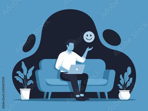 Man sitting on a couch with a laptop and a smiley face above him in a blue and black illustration