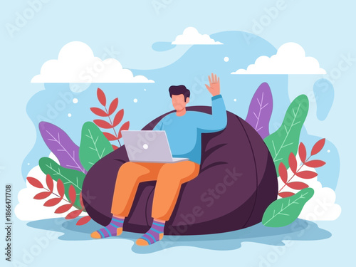 Man sitting on purple bean bag with laptop and waving hand in colorful plant surrounded scene