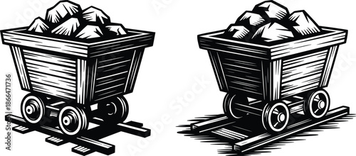 Mining Cart Full of Coal Vintage Engraved Illustration.