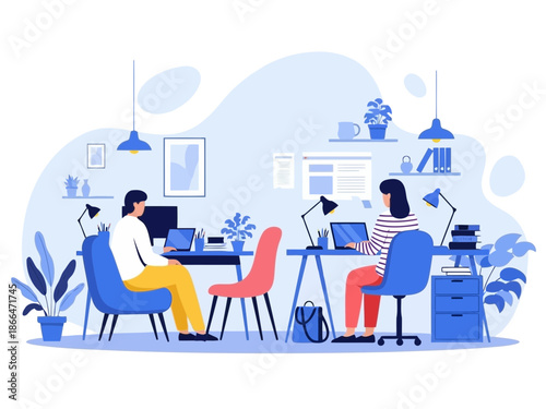 Two coworkers working together at office desks with computers and plants around them in a modern workspace