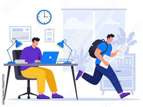 A man running with papers while another works on a laptop at an office desk with a clock on the wall