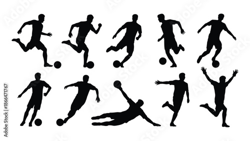 Black silhouettes of soccer players in different action poses, isolated on a white background