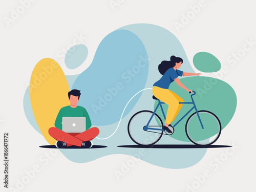 Two people with laptops one sitting on floor and other riding bicycle