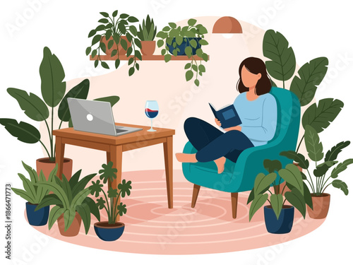 Woman relaxing at home with laptop and plants around her in a cozy atmosphere with a glass of wine on the table beside her