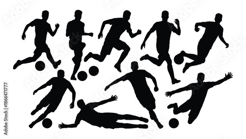Dynamic collection of soccer player silhouettes in various action poses
