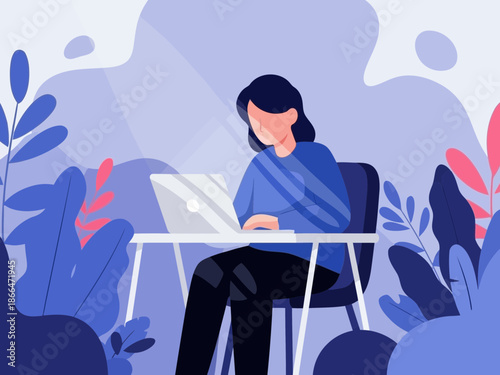 Woman sitting at desk with laptop surrounded by plants and foliage in a purple room