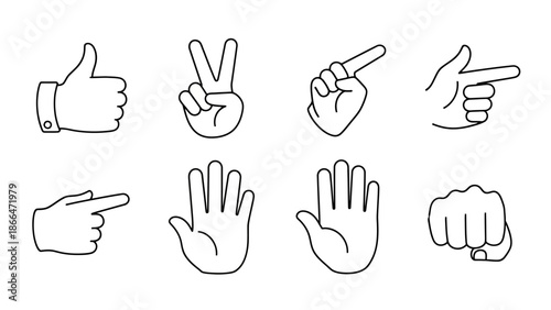 Collection of various hand gestures including thumbs up, victory sign, and pointing on isolated white background.