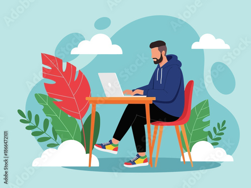 Man sitting at desk with laptop surrounded by green leaves and clouds