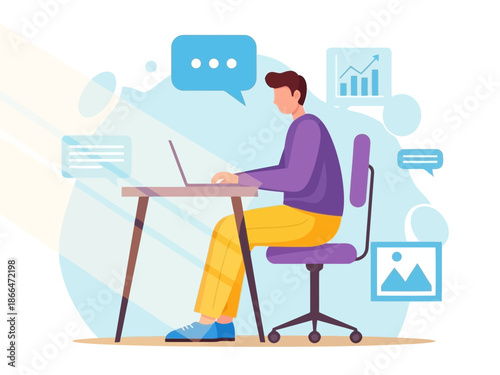 Man sitting on purple chair at desk with laptop and social media icons around him in modern workspace