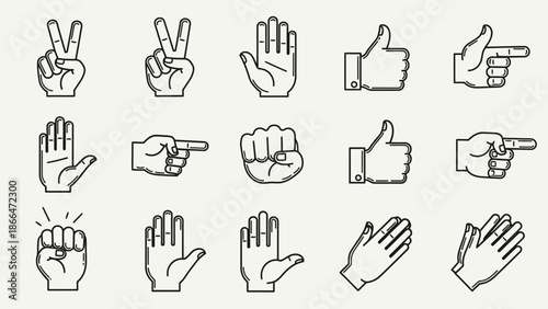 Comprehensive Set of Human Hand Gesture Line Art Icons for Communication in Bright Studio