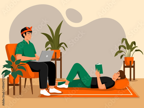 Man and woman relaxing at home with laptops and books surrounded by plants in a modern interior design setting with orange accents