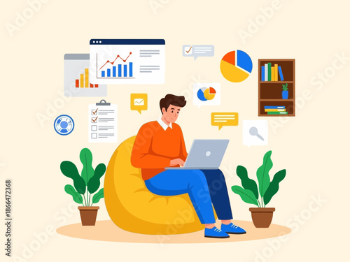 Man sitting on a bean bag chair working on laptop with graphs and charts floating around him in a modern setting