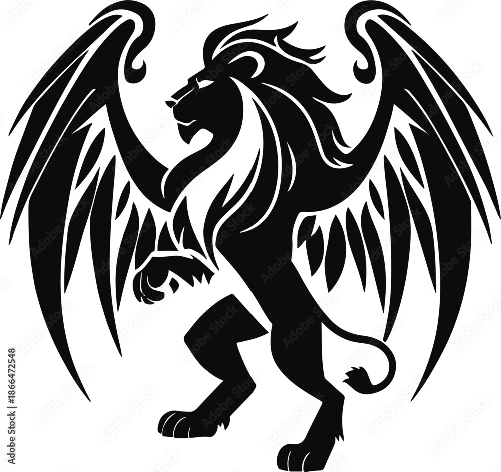 Obraz premium Fantasy winged lion symbol illustrated as minimalist black and white vector, bold shapes, no shading, no background, scalable SVG design
