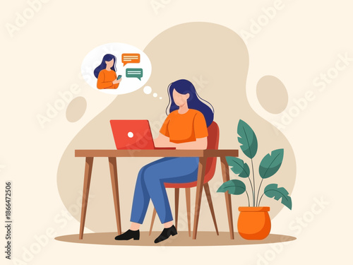 Woman working on laptop with thought bubble and plant nearby in modern space