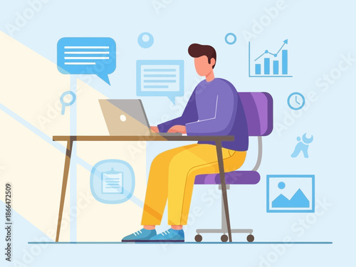 Man sitting at desk working on laptop computer with various icons around him in office setting