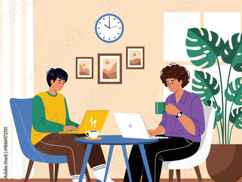 Two people sitting at table working on laptop computers together in office setting