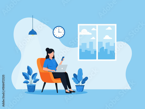 Woman sitting in chair with laptop and phone in modern room interior with city view through window and clock on wall
