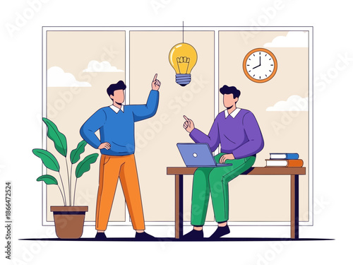 Two businessmen discussing ideas in modern office with laptop and light bulb